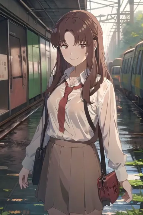 anime girl in school uniform standing in a train station