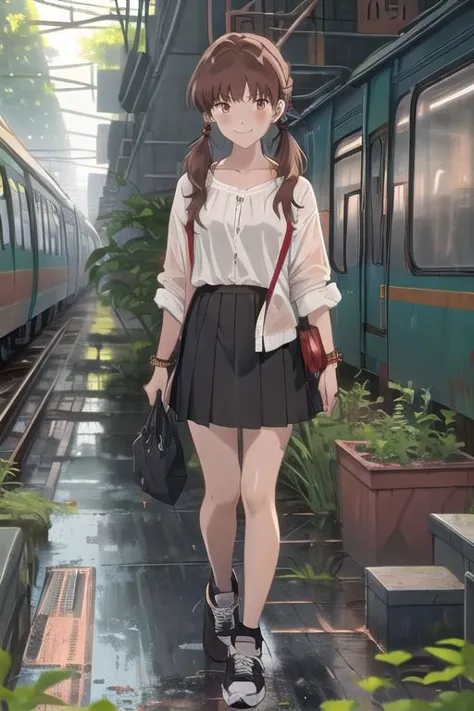 under rainy, 1woman,,mika_egashira, long hair, parted bangs, brown eyes, brown hair, asymmetric hair, hime cut, parted bangs, twintails, collarbone, wear rings and earrings, (white collard shirt), black skirt, black sneakers, bracelet, anklet, medium breas...