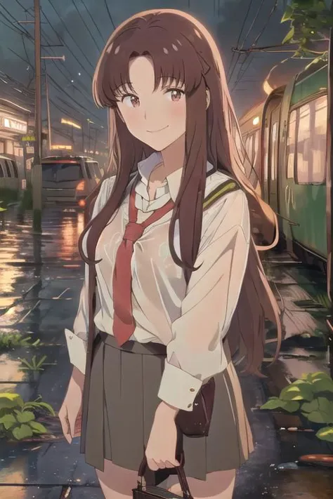 anime girl standing on a rainy street with a train in the background