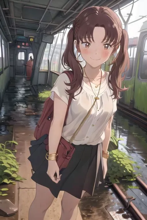 anime girl standing in a train station with a backpack