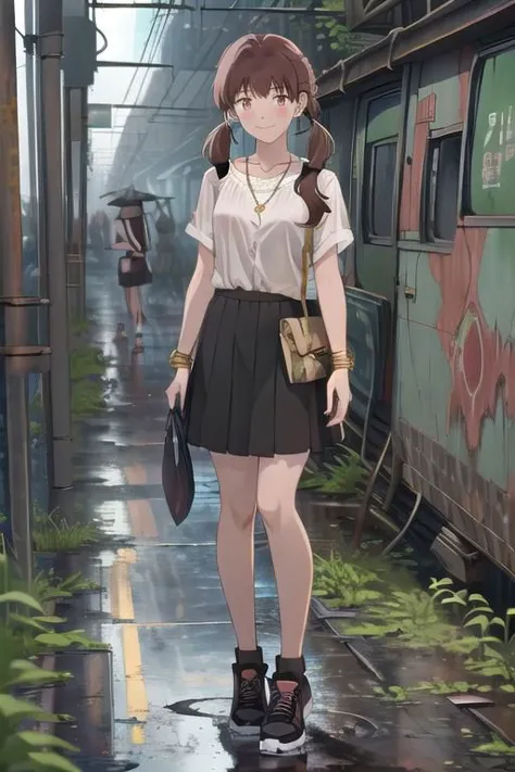 under rainy, 1woman,,mika_egashira, long hair, parted bangs, brown eyes, brown hair, asymmetric hair, hime cut, parted bangs, twintails, collarbone, wear rings and earrings, necklace, wrist watch, (white collard shirt), black skirt, black sneakers, bracelet, (gold anklet), medium breasts, rosy cheeks, rosy nose, evil smile, looking viewer, near, she is standing near rusted abandoned old subway train with many vegetation and weeds and red flowers and wall-climbing crawling plants and water in (dystopian city), tree canopy, sunlit, (weak lights and shadows), twilights, , (water flood), (under rainy), heavy rain, (twilights), rains