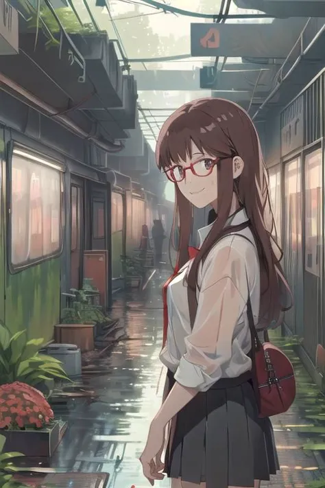 anime girl in a school uniform standing in a narrow alley