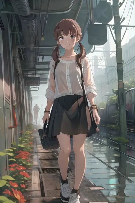 anime girl walking down a street in a white shirt and black skirt