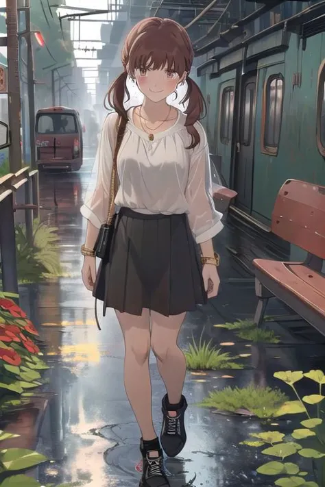 anime girl walking down a train platform with a bag on her shoulder