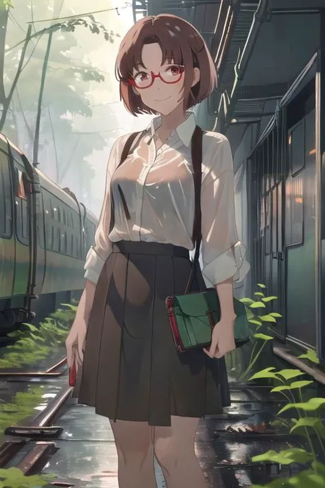 anime girl in a skirt and glasses standing on a train track