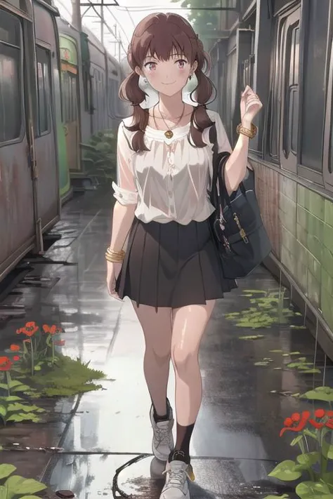 anime girl walking down a train track with a purse and a handbag