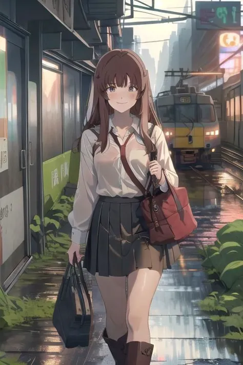 anime girl walking down a street with a red bag and a red purse