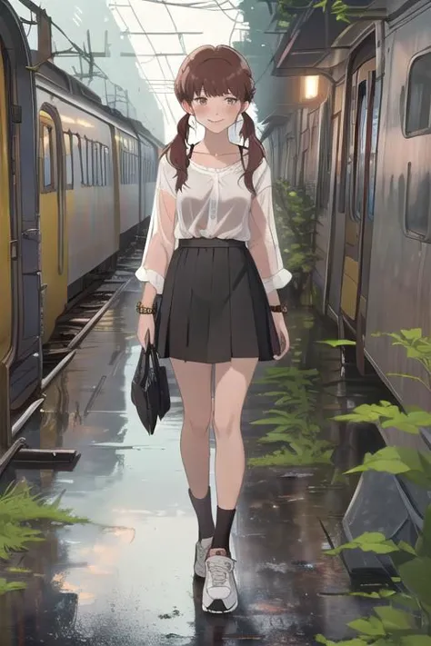 anime girl walking down a train track with a bag