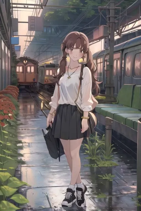 under rainy, 1woman,,mika_egashira, long hair, parted bangs, brown eyes, brown hair, asymmetric hair, hime cut, parted bangs, twintails, collarbone, wear rings and earrings, necklace, wrist watch, (white collard shirt), black skirt, black sneakers, bracelet, (gold anklet), medium breasts, rosy cheeks, rosy nose, evil smile, looking viewer, near, she is standing near rusted abandoned old subway train with many vegetation and weeds and red flowers and wall-climbing crawling plants and water in (dystopian city), tree canopy, sunlit, (weak lights and shadows), twilights, , (water flood), (under rainy), heavy rain, (twilights), rains