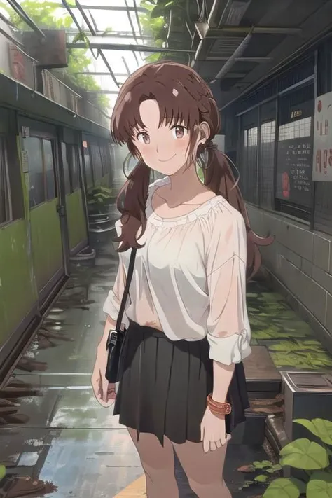 anime girl standing in a subway station with a bag on her shoulder