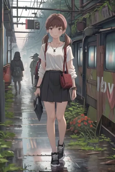 anime girl walking down a street in the rain with a red bag