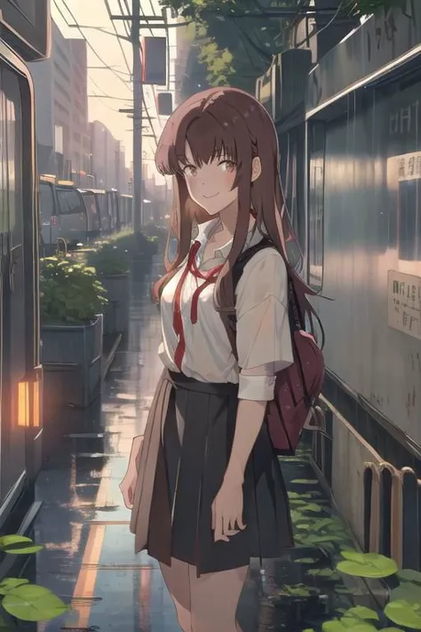 anime girl in school uniform standing in front of a train