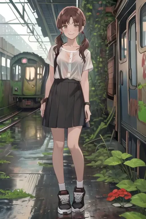 anime girl standing in a train station with a train in the background