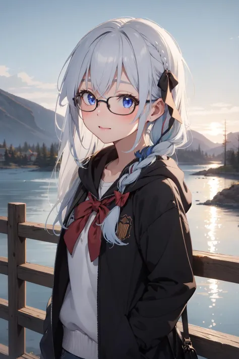 (masterpiece:1.3), (absurdres:1.3), (best quality:1.3), (ultra-detailed:1.3), 1girl, outdoor, scenery, full body, evening, gradient background, hoddie, bespectacled, glasses, gradient, mountainous horizon, <lora:elaina-ph_64:1>, ph elaina, Eoutfit4, elaina (majo no tabitabi), solo, long hair, bow, blush, bangs, hair between eyes, blue eyes, hair bow, shiny hair, sidelocks, hair tubes, white hair, single braid, shiny, hair ribbon, anime color,