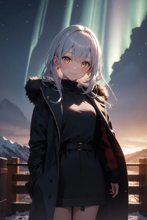 Golden eyes, silver long hair, cool expressions, winter coat, black shirt, stocking , starry sky, Everest in background, on bridge, Aurora, comet, potrait, cinematic light, 8k, illustration, 1girl,solo,looking at viewer,(glowing eyes:1.5,aura),(closed mout...