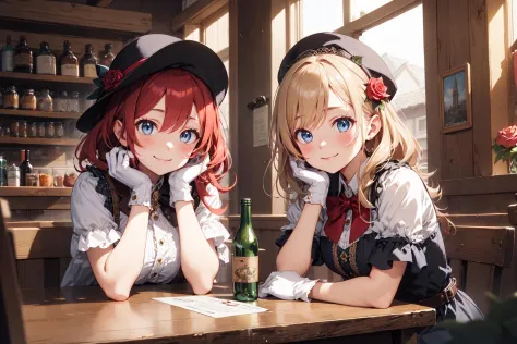 (masterpiece:1.3), (absurdres:1.3), (best quality:1.3), (ultra-detailed:1.3), 2girls, ayase eli, blonde hair, blue eyes, book, bottle, bow, cup, flower, gloves, hair flower, hat, head rest, long hair, multiple girls, nishikino maki, red hair, rose, smile, ...