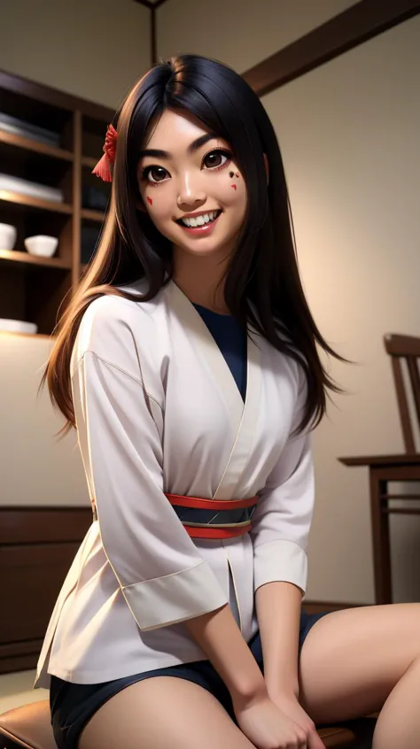 himiko, black hair, brown eyes, facial mark, teeth, long hair,
white shirt, shorts,
upper body, sitting,
sengoku period, store, solo, light smile,
(insanely detailed,masterpiece, best quality),