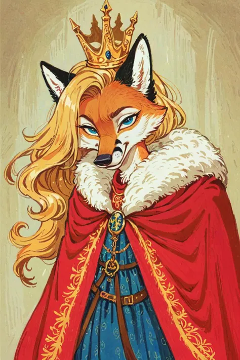 a close up of a cartoon fox wearing a crown and a cape