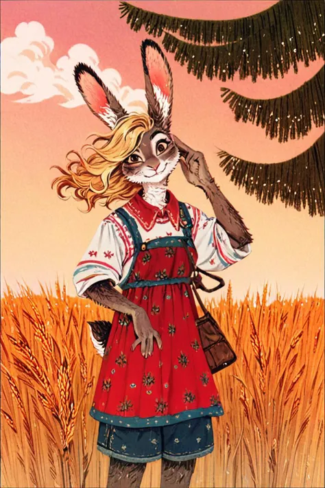 a close up of a person in a field with a rabbit on their head