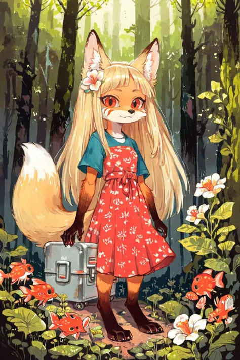 a cartoon fox with long blonde hair and a red dress standing in the woods