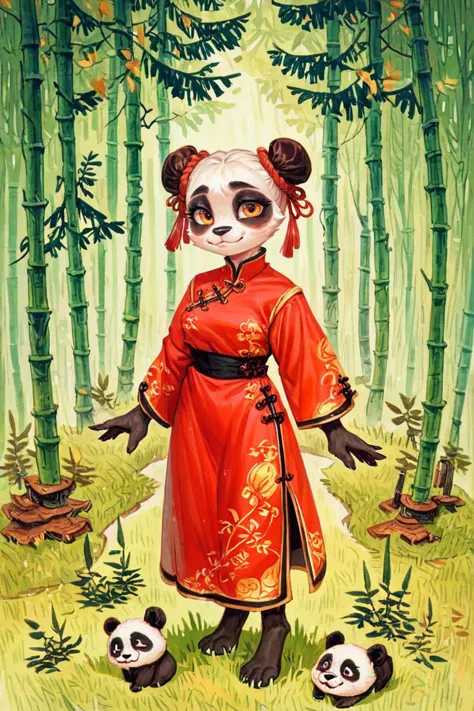 painting of a panda in a red dress with two panda bears