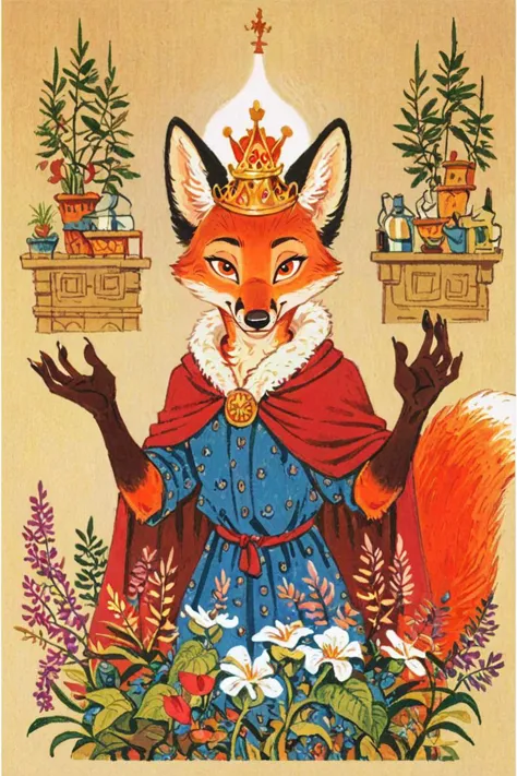 a painting of a fox wearing a crown and holding a potted plant