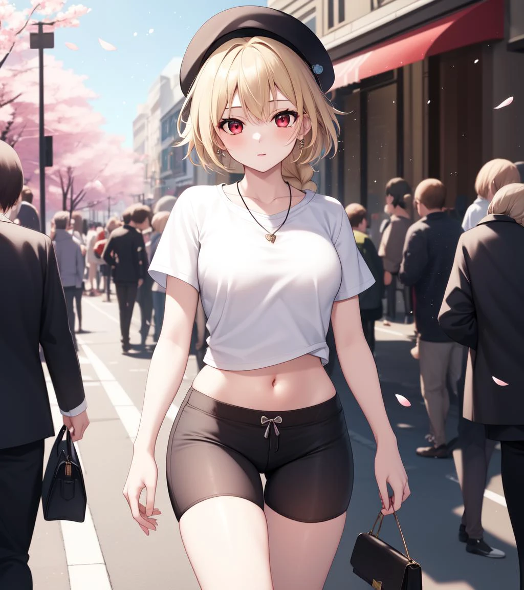 masterpiece, best quality, 1girl, solo, 1girl, (lambda-11), blonde hair, red eyes, (single braid), braid, medium breasts, spats, t-shirt, outdoor, street, (bike shorts), casual clothes, midriff, pantylines, cherry blossoms, petals, light particles, tight shorts, mini hat, yellow bag, hips, crowd,  best shadows, best highlights, blue sky, necklace, solo focus, skindentation,