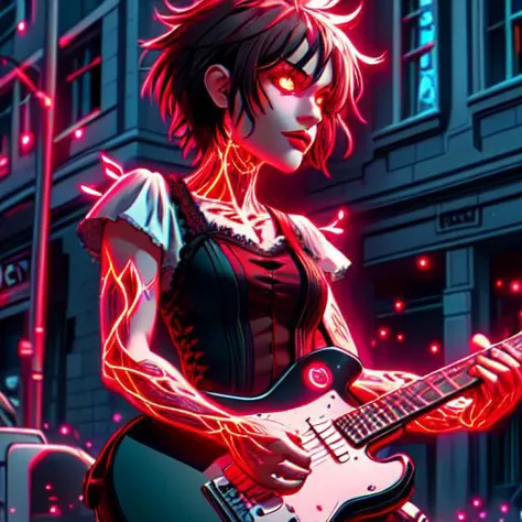 Gothic_adult_female, short_spiky_pixie-cut_hair, black_red_highlights, green_eyes, mascara, lipstick, standing in middle of street, playing guitar, glowingveins, red theme, glowing eyes,