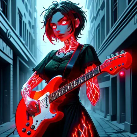 Gothic_adult_female, short_spiky_pixie-cut_hair, black_red_highlights, green_eyes, mascara, lipstick, standing in middle of street, playing guitar, glowingveins, red theme, glowing eyes,