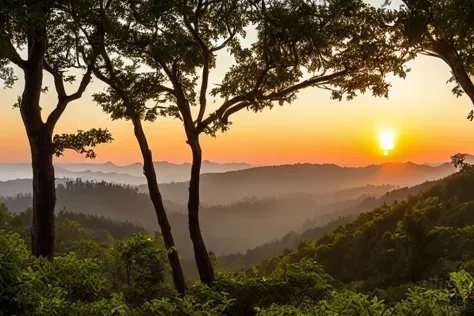 a view of a sunset over a valley with trees and mountains