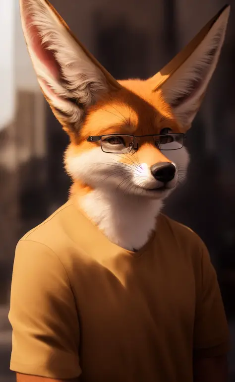 mammal, eyewear, canid, anthro, canine, glasses, solo, clothing, fox, fur, clothed, fennec, whiskers, reflection, looking at vie...