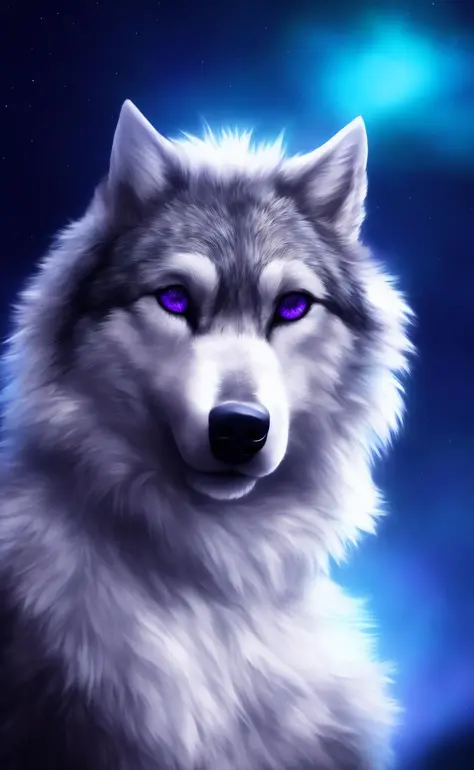 , mammal, solo, fur, anthro, purple eyes, digital media (artwork), looking at viewer, grey fur, detailed, whiskers, detailed fur, grey body, white fur, star, hi res, hair, wolf, white body