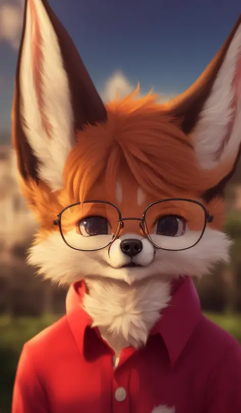 mammal, eyewear, canid, anthro, canine, glasses, solo, clothing, fox, fur, clothed, fennec, whiskers, reflection, looking at vie...