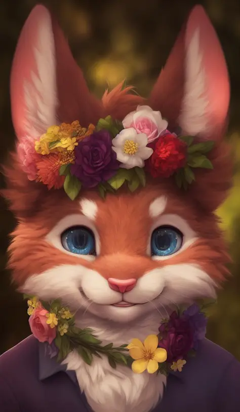 , anthro, mammal, flower, solo, plant, clothing, fur, whiskers, clothed, half-length portrait, felid, hi res, brown fur, garland, feline, tuft, smile, topwear, brown body, floral, looking at viewer, male, flower garland, ratte, flower crown, lagomorph, cheek tuft