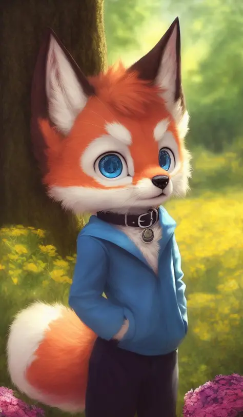 , mammal, canid, canine, clothing, white body, blue eyes, fur, ambiguous gender, plant, white fur, black nose, outside, anthro, canis, tree, fox, inner ear fluff, whiskers, clothed, hi res, solo, tuft, young, detailed background, looking at viewer, collar, standing, flower