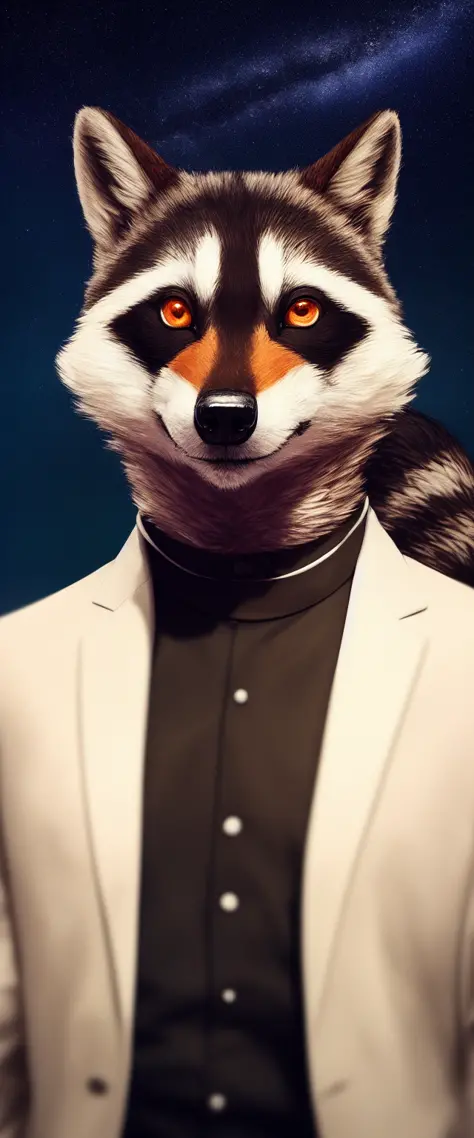 , mammal, solo, anthro, star, orange eyes, hi res, looking at viewer, fur, procyonid, sky, space, light, raccoon, fluffy, black ...