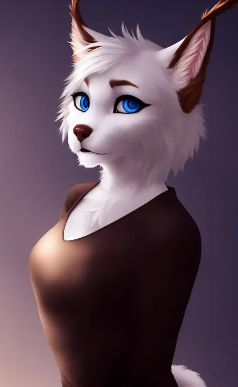 , mammal, solo, lynx, anthro, female, clothing, blue eyes, fur, canid, canine, white body, white fur, hi res, looking at viewer,...