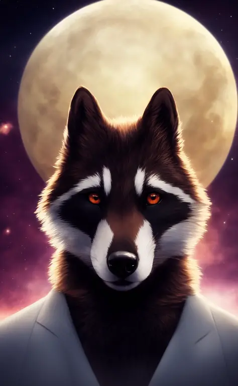 , mammal, solo, anthro, star, orange eyes, hi res, looking at viewer, fur, procyonid, sky, space, light, raccoon, fluffy, black ...