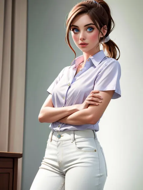 Realistic photo of a beautiful 4l1s0nb woman, 1girl, solo, looking at viewer, blue eyes, brown hair, shirt, jewelry, white shirt, ponytail, short sleeves, cowboy shot, pants, lips, crossed arms, ring, realistic, white pants, soft lighting, professional Photography, Photorealistic, detailed, RAW, analog, sharp focus, 8k, HD, high quality, masterpiece