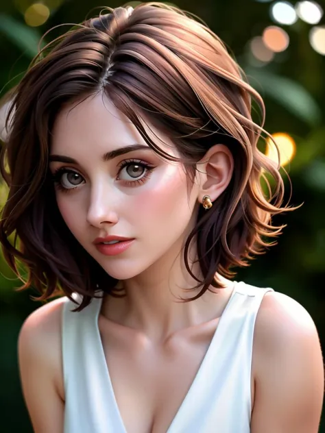 Realistic photo of a beautiful 4l1s0nb woman, 1girl, solo, looking at viewer, short hair, simple background, brown hair, jewelry...