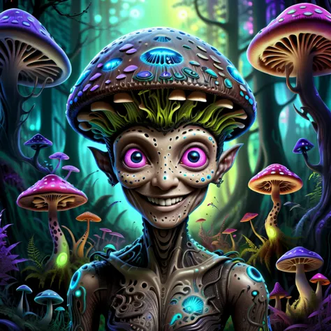 Un magnifique dessin illustrant les mathématiques d'un extraterrestre tatoué souriant, dans un style futuriste, yeux brillants, poils de champignons, art numérique, couleurs de l&#39;arc-en-ciel, very détaillé face, forêt de champignons magiques en arrière-plan . lisse, moderne, modernee, technologie de pointe, détaillé,  maquillage à la lumière noire PsyAI, Psychédélique, art visionnaire, DMT, LSD DonShr00mXL