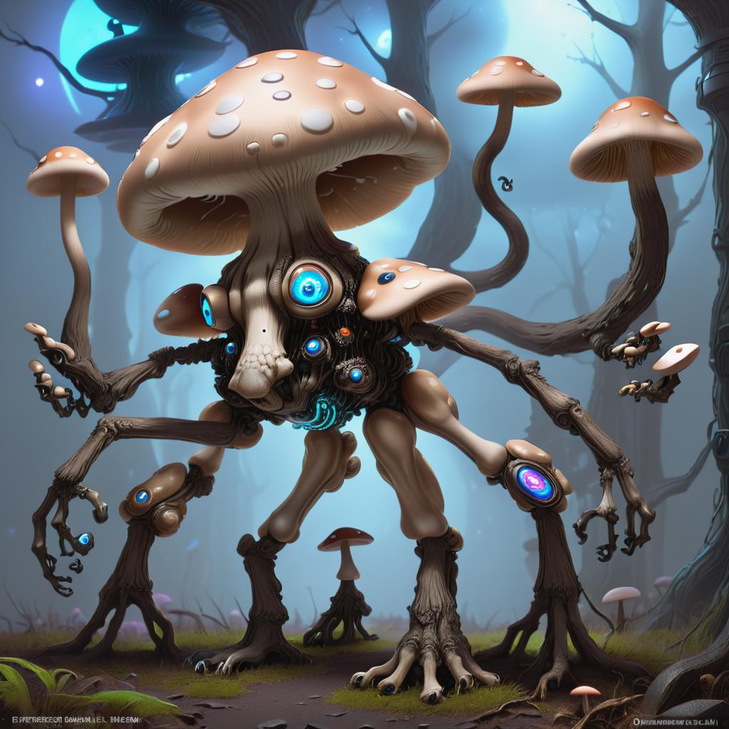 A robot with a mushroom on its head in the woods - SeaArt AI