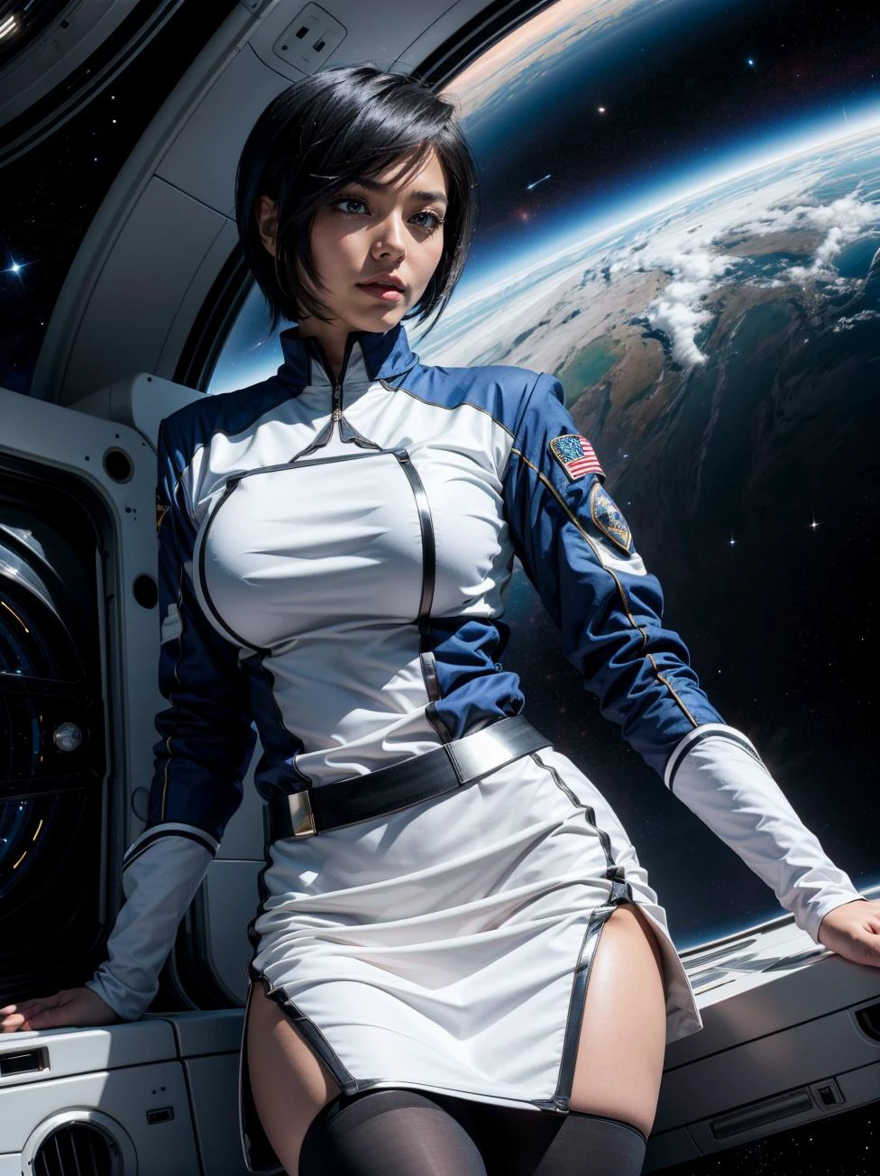 (fondo interior de la nave espacial:1.2),    pbNaomi, tan, uniforme azul y blanco, mangas largas, falda blanca, pechos grandes, muslos negros