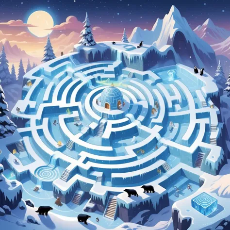 Create a whimsical cartoon-style maze, intricately designed with Arctic elements woven throughout. Picture a labyrinth of ice an...