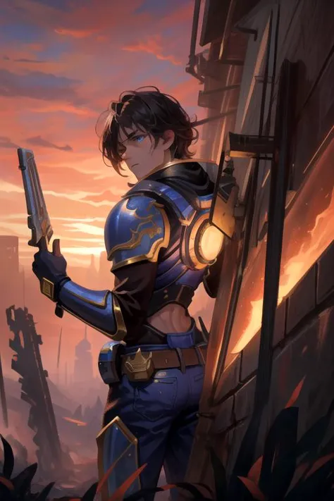 a woman in a blue outfit holding a gun in front of a sunset