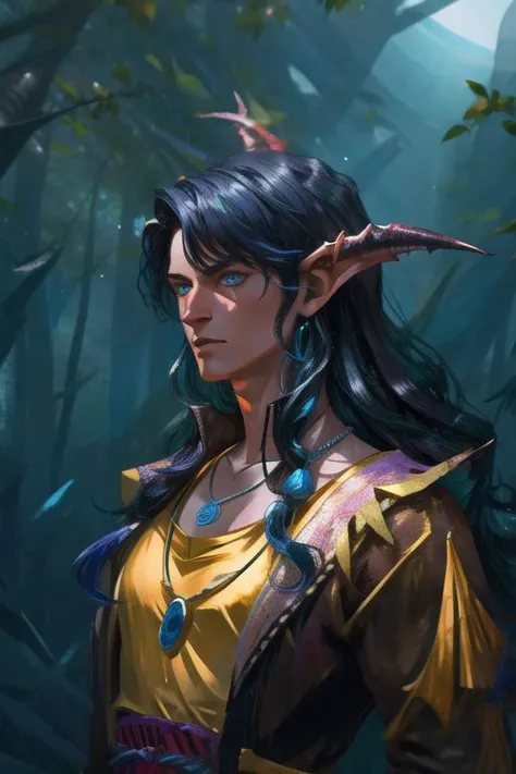 a woman with long hair and horns in a forest