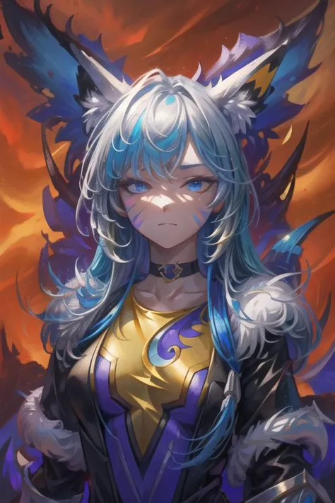 a woman with blue hair and a cat ears is standing in front of a fire