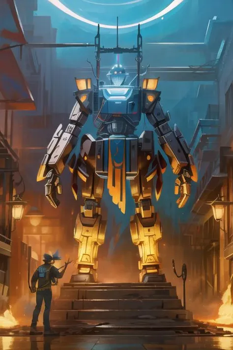 a man standing in front of a giant robot in a city