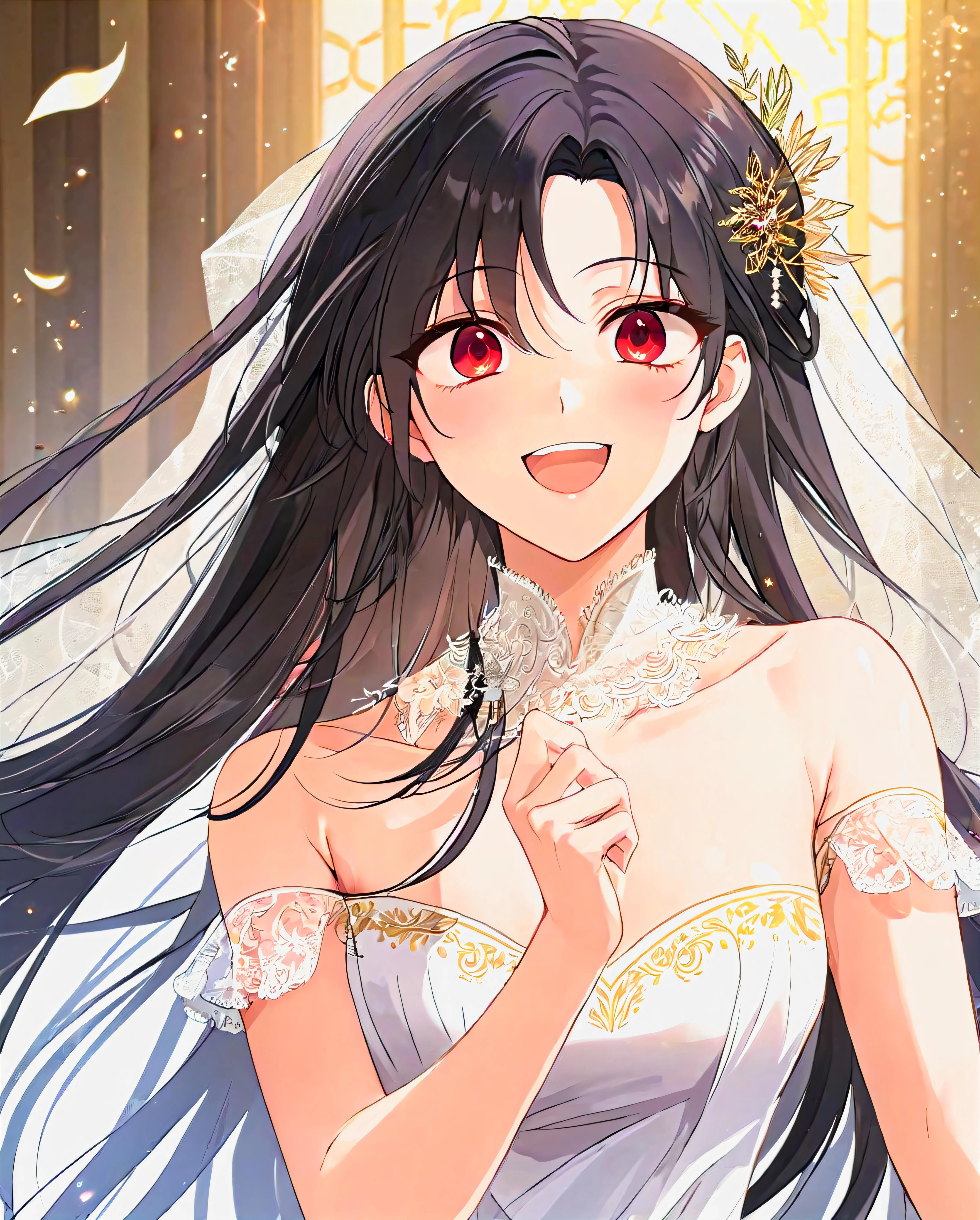 Novia anime con vestido de novia blanco con velo y ojos rojos - SeaArt AI