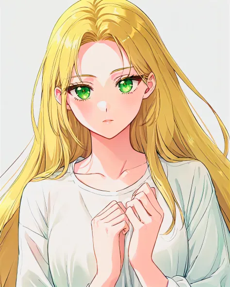 (best quality:1.4), (ultra highres:1.2), (8k, RAW photo:1.2), manhwa-artstyle, 1girl, solo, long hair, looking at viewer, blonde hair, green eyes, white shirt, simple background, Perfect Hands, <lora:neg4all_bdsqlsz_xl_V7:0.8>, <lora:Perfect Hands:0.8>,<lora:manhwa-artstyle-000018:0.6>